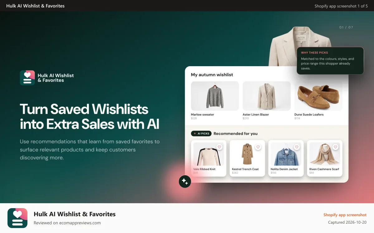 Hulk AI Wishlist & Favorites Shopify app screenshot: Multiple places to show the wishlist button and wishlist page.