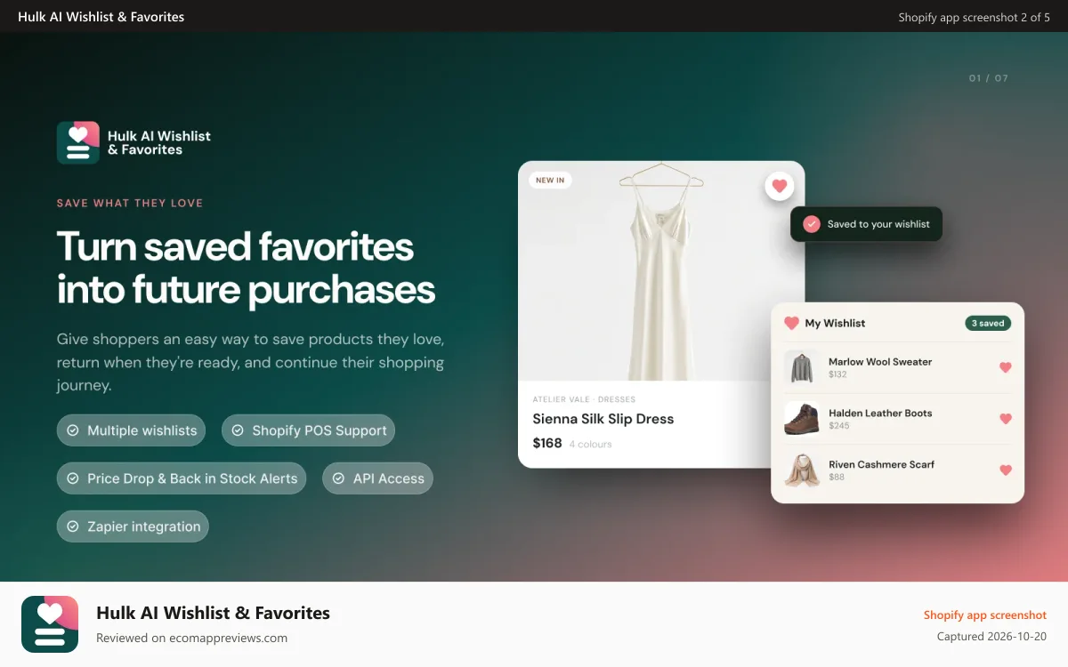 Hulk AI Wishlist & Favorites Shopify app screenshot: Create, subscribe, and share wishlist with guest wishlist.