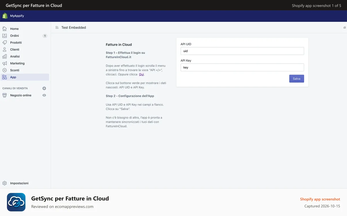 GetSync per Fatture in Cloud Shopify app screenshot: Config