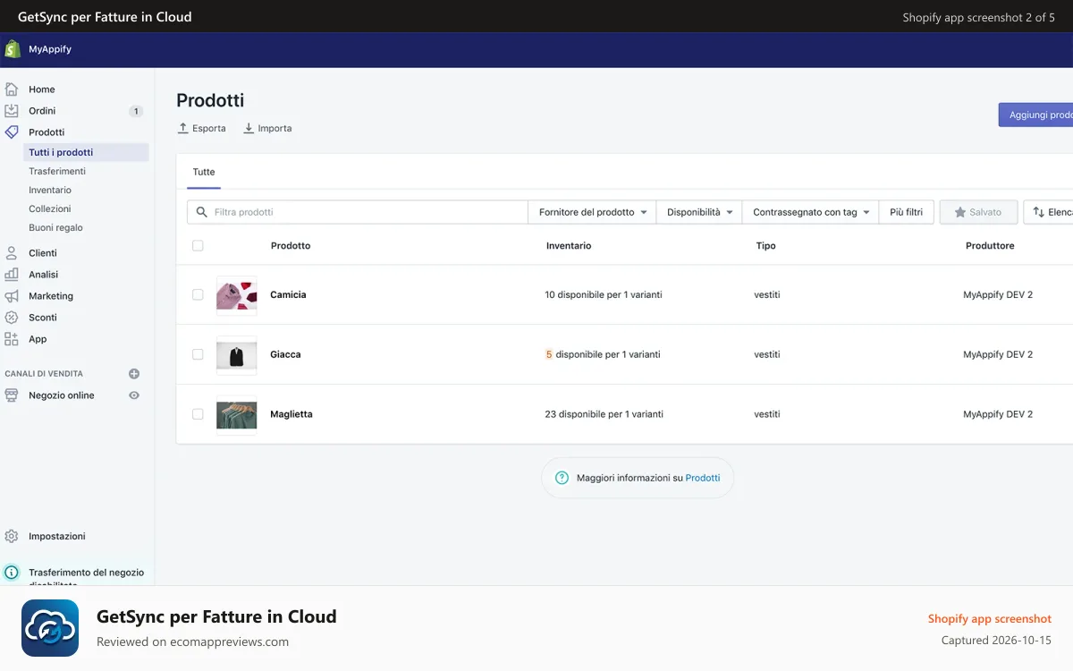 GetSync per Fatture in Cloud Shopify app screenshot: Prodotti Shopify