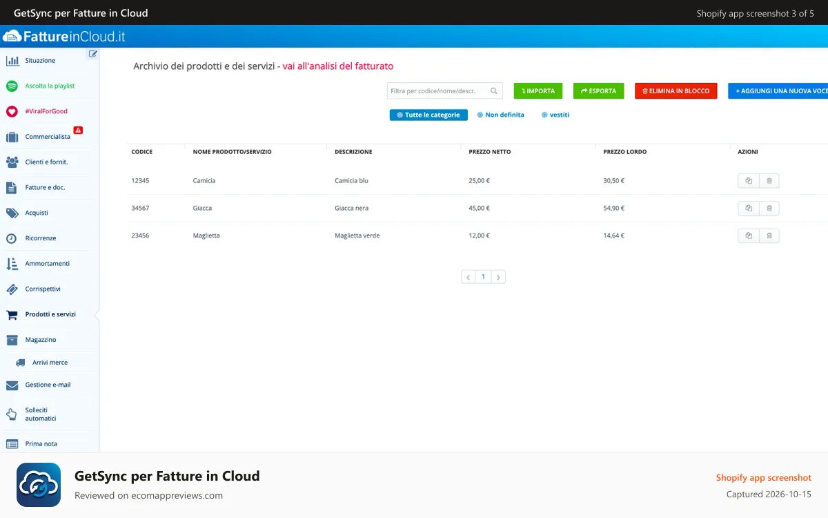 GetSync per Fatture in Cloud Shopify app screenshot: Prodotti Fattureincloud