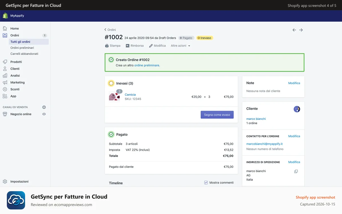 GetSync per Fatture in Cloud Shopify app screenshot: Ordine Shopify
