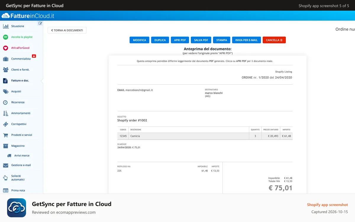GetSync per Fatture in Cloud Shopify app screenshot: Ordine Fattureincloud