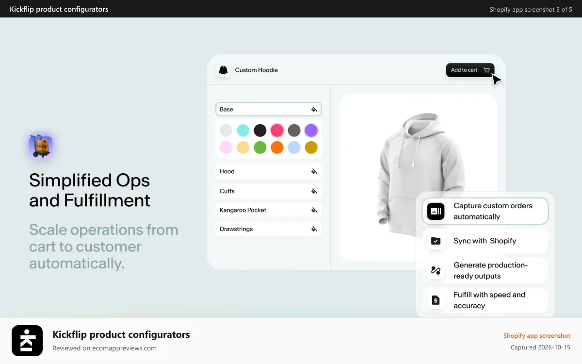 Kickflip product configurators Shopify app screenshot: Simplified Ops and Fulfillment | Automate from cart to customer.