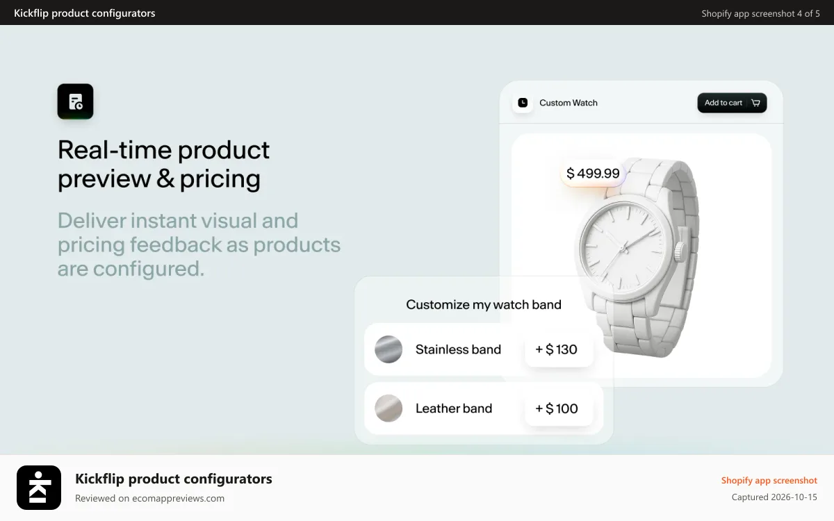 Kickflip product configurators Shopify app screenshot: Real-time product preview & pricing | Instant visual preview..