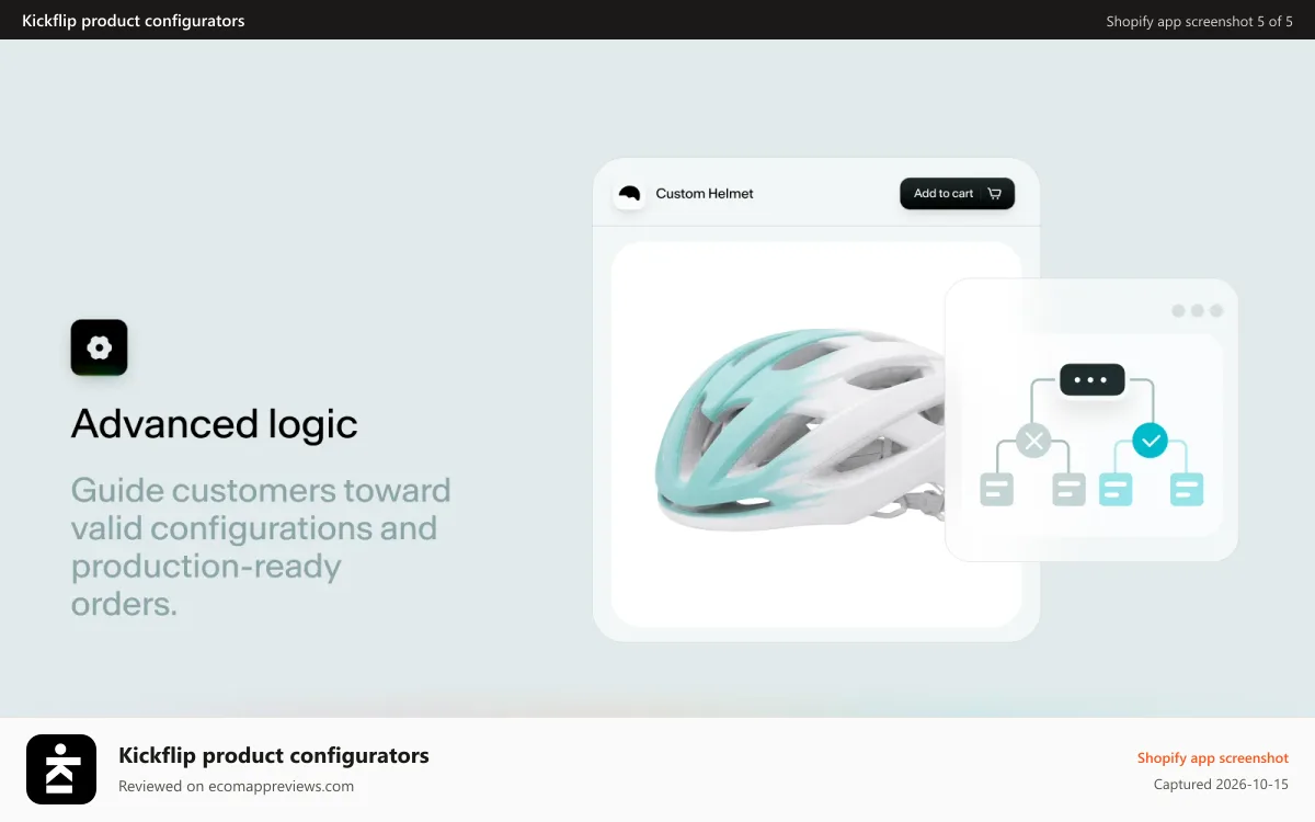 Kickflip product configurators Shopify app screenshot: Advanced logic | Guide customers to valid orders.
