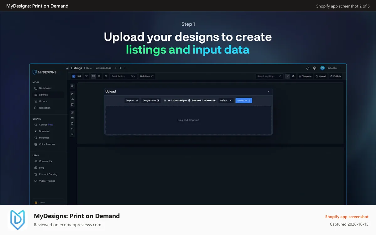 MyDesigns: Print on Demand Shopify app screenshot: upload-designs-to-mydesigns