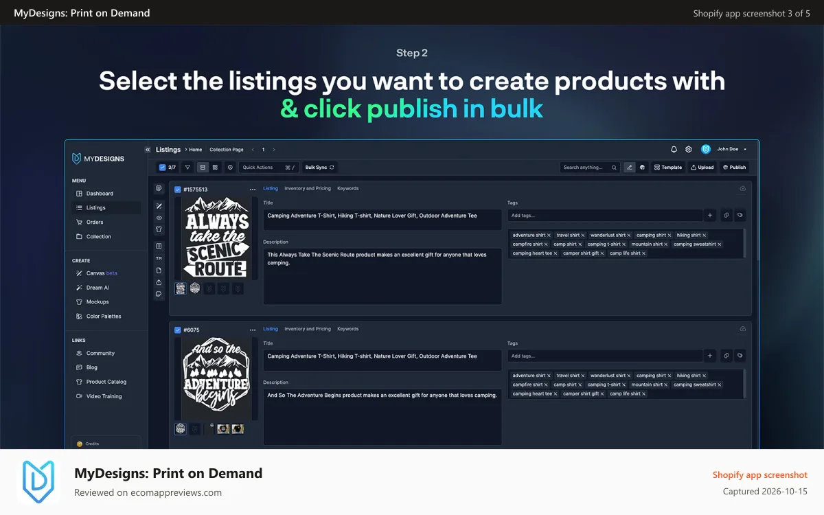MyDesigns: Print on Demand Shopify app screenshot: select-listings-to-sell