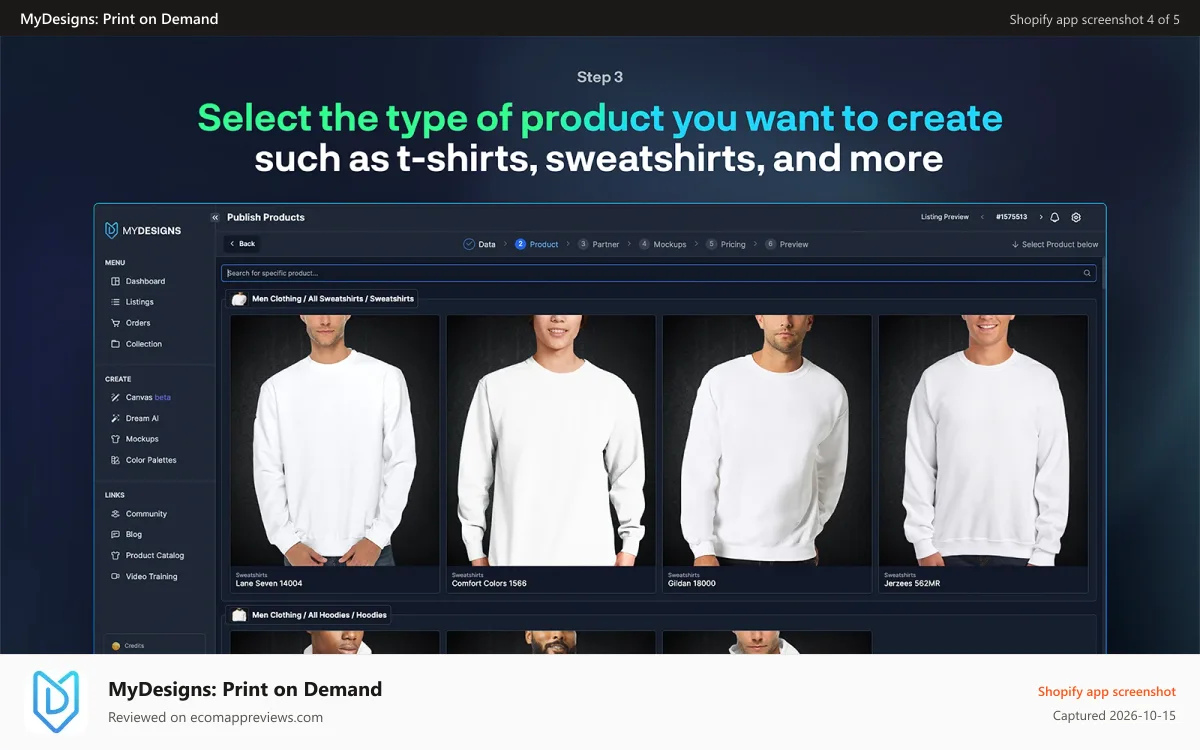 MyDesigns: Print on Demand Shopify app screenshot: select-the-type-of-product-you-want-to-sell