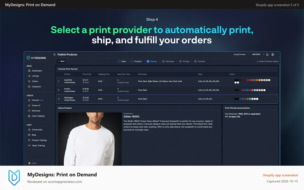 MyDesigns: Print on Demand Shopify app screenshot: select-the-print-partner