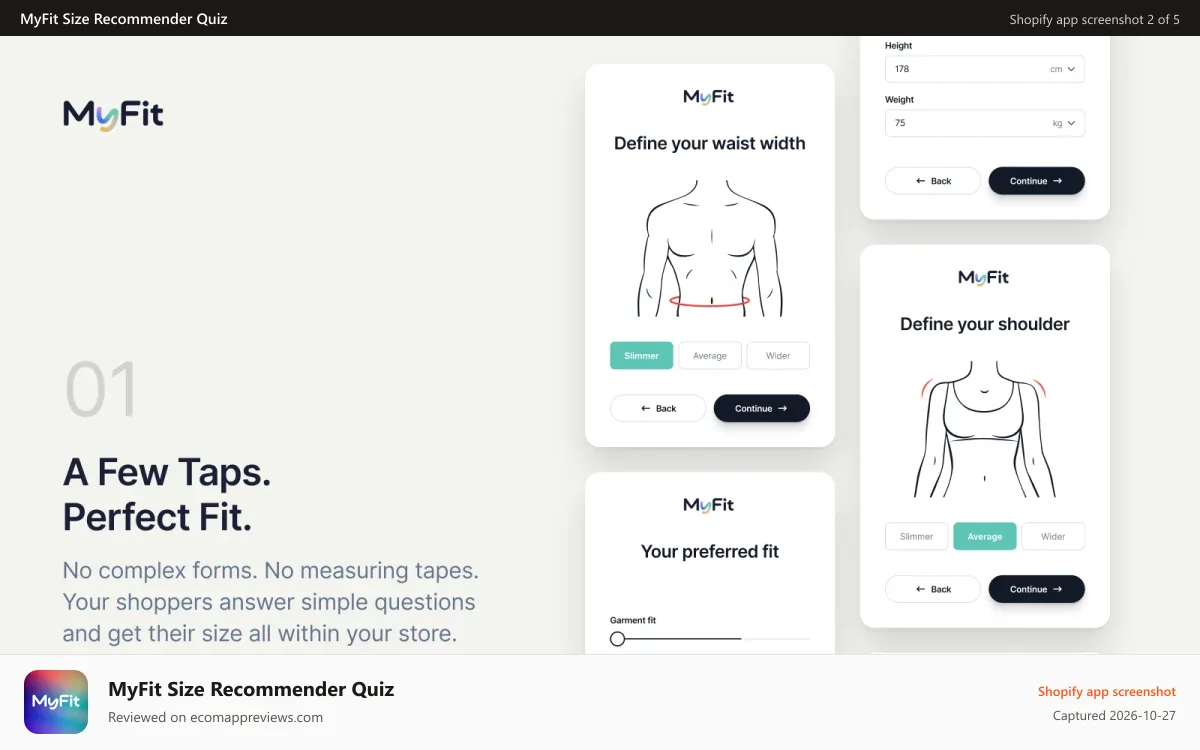 MyFit Size Recommender Quiz Shopify app screenshot: quiz widget
