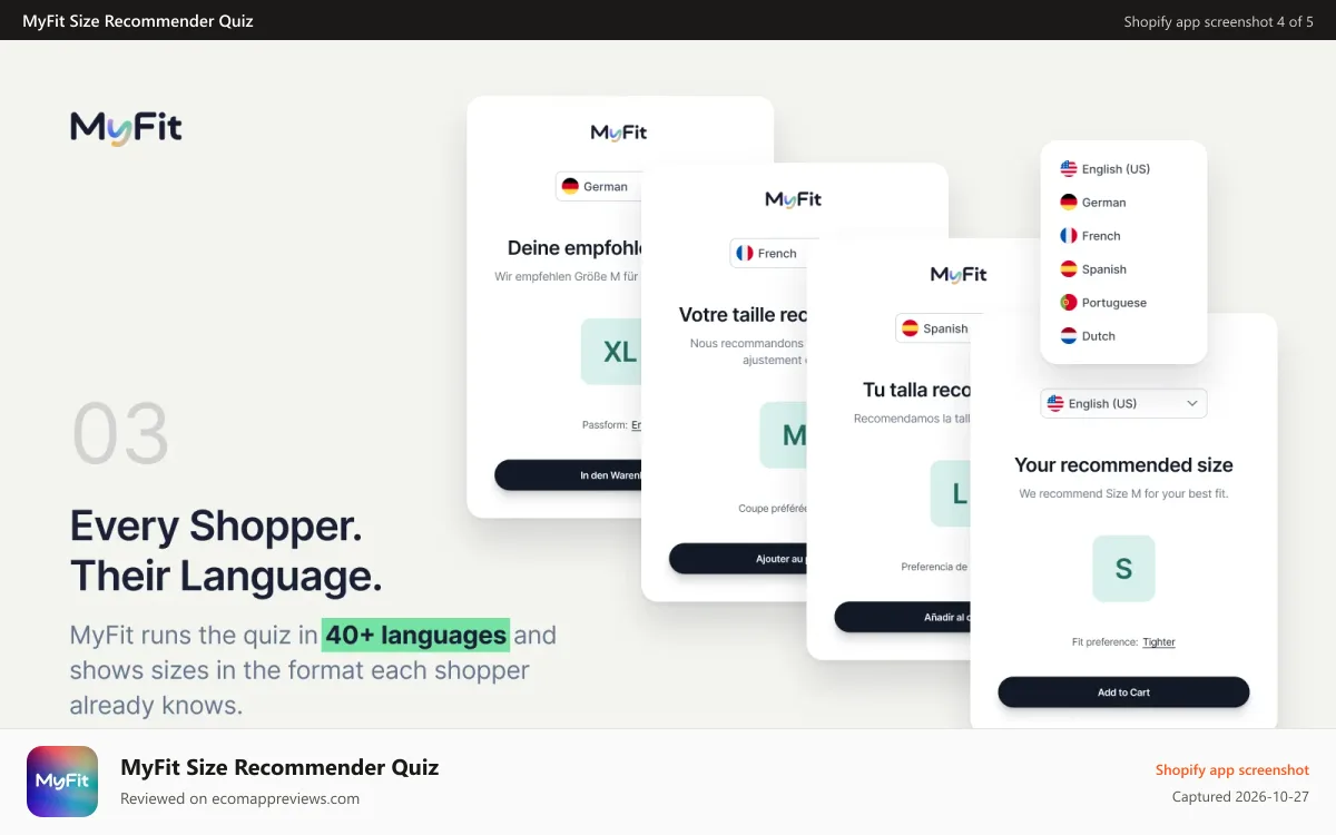 MyFit Size Recommender Quiz Shopify app screenshot: Language quiz