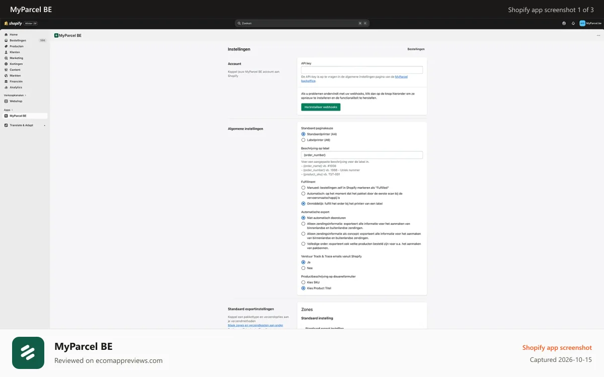 MyParcel BE Shopify app screenshot: API settings and shipping options