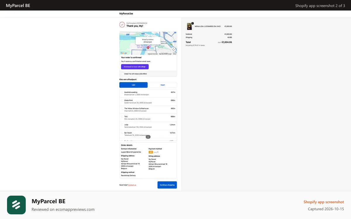 MyParcel BE Shopify app screenshot: Choose pickup points