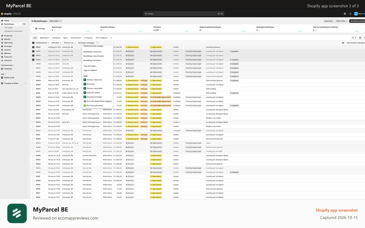 MyParcel BE Shopify app screenshot: Create shipments and returns in bulk, and export orders