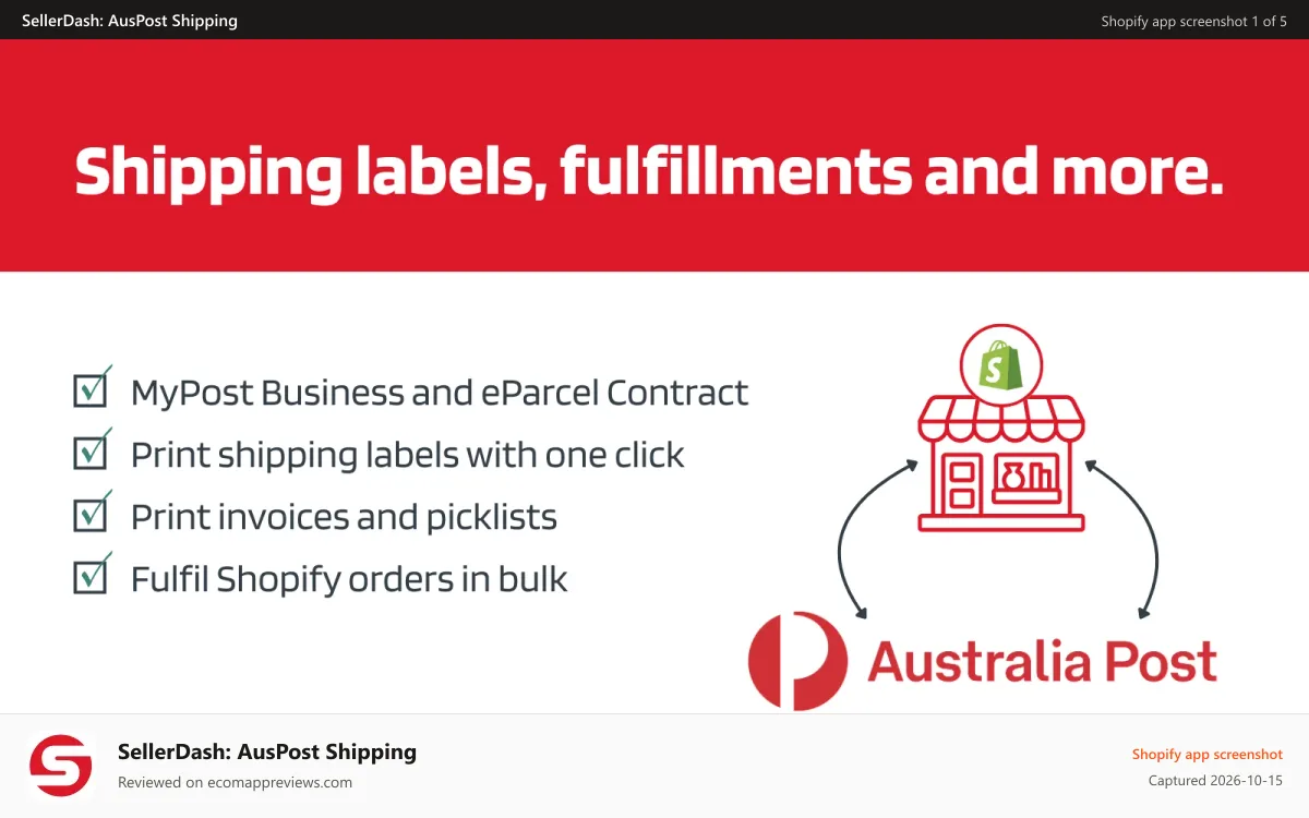 SellerDash: AusPost Shipping Shopify app screenshot: Australia Post Shipping App for Shopify - MyPost & eParcel