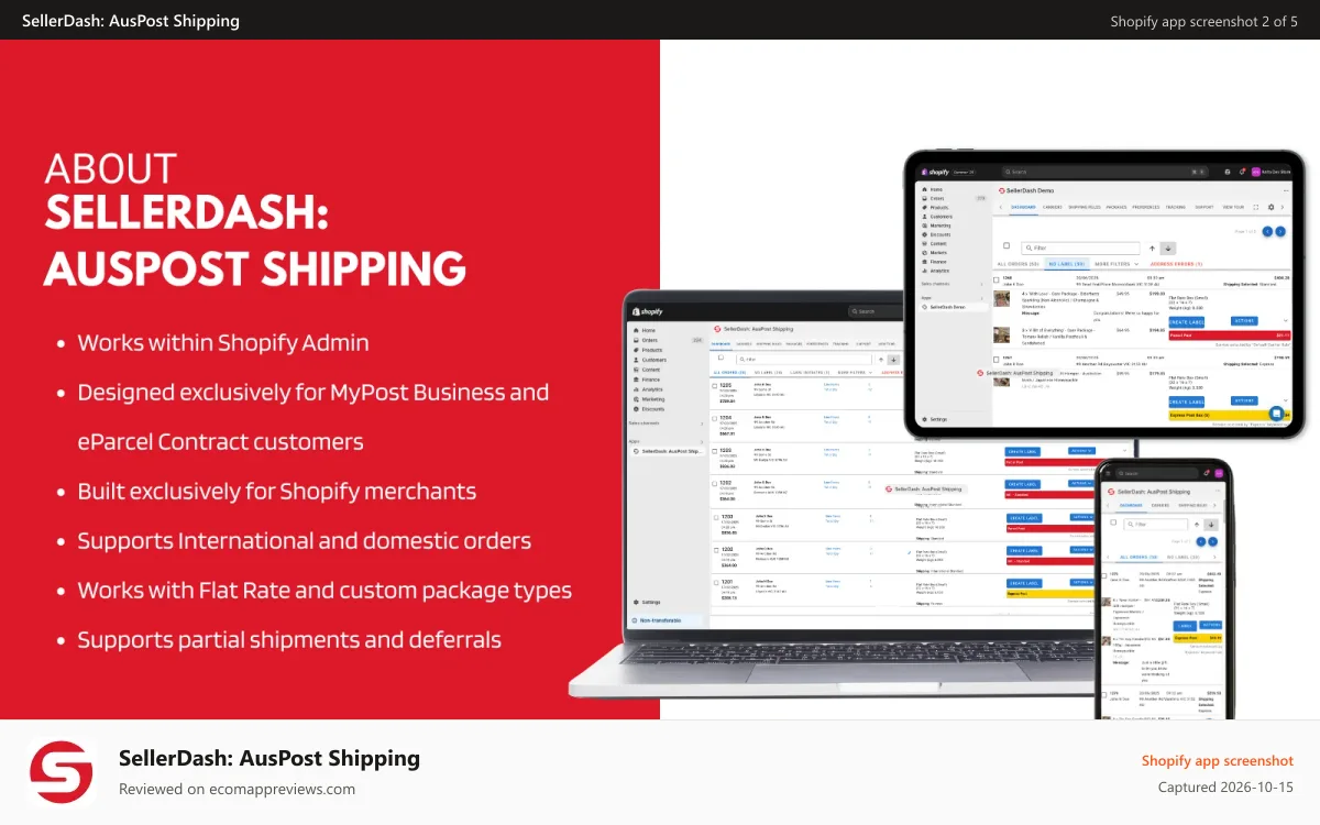 SellerDash: AusPost Shipping Shopify app screenshot: Shopify app to print Aust Post domestic & international labels
