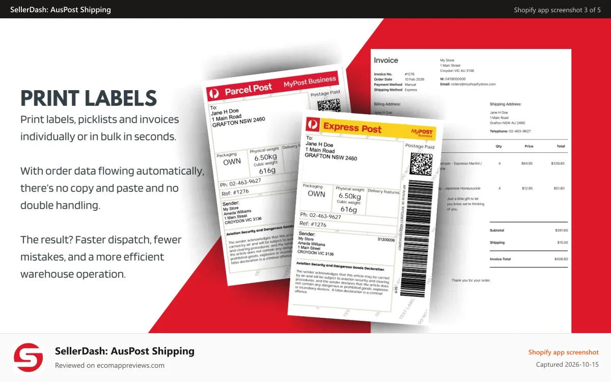 SellerDash: AusPost Shipping Shopify app screenshot: Pay and print Australia Post labels within the app!
