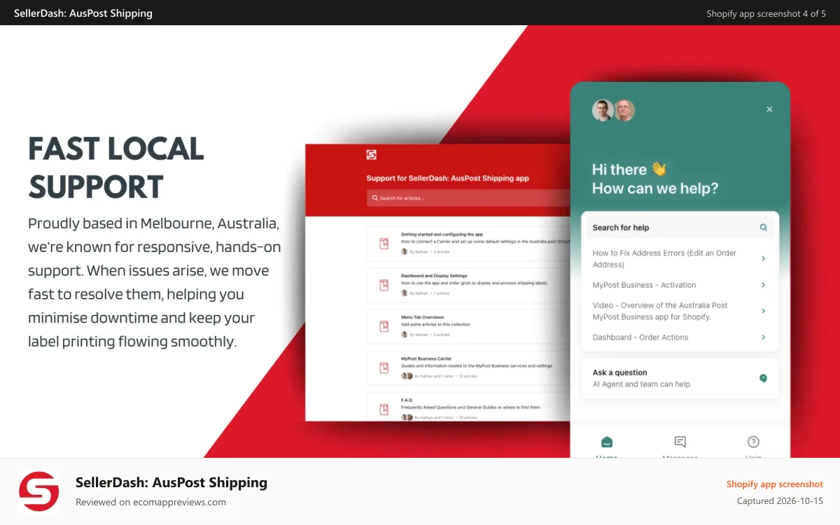 SellerDash: AusPost Shipping Shopify app screenshot: Local hands on support. Resolve issues fast & minimise downtime