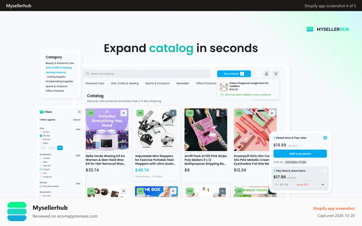 Mysellerhub Shopify app screenshot: Dropship products from private label & DTC brands.