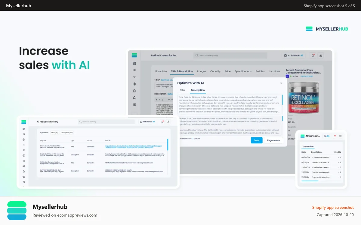 Mysellerhub Shopify app screenshot: Use powerful AI to optimize keywords in titles and descriptions.