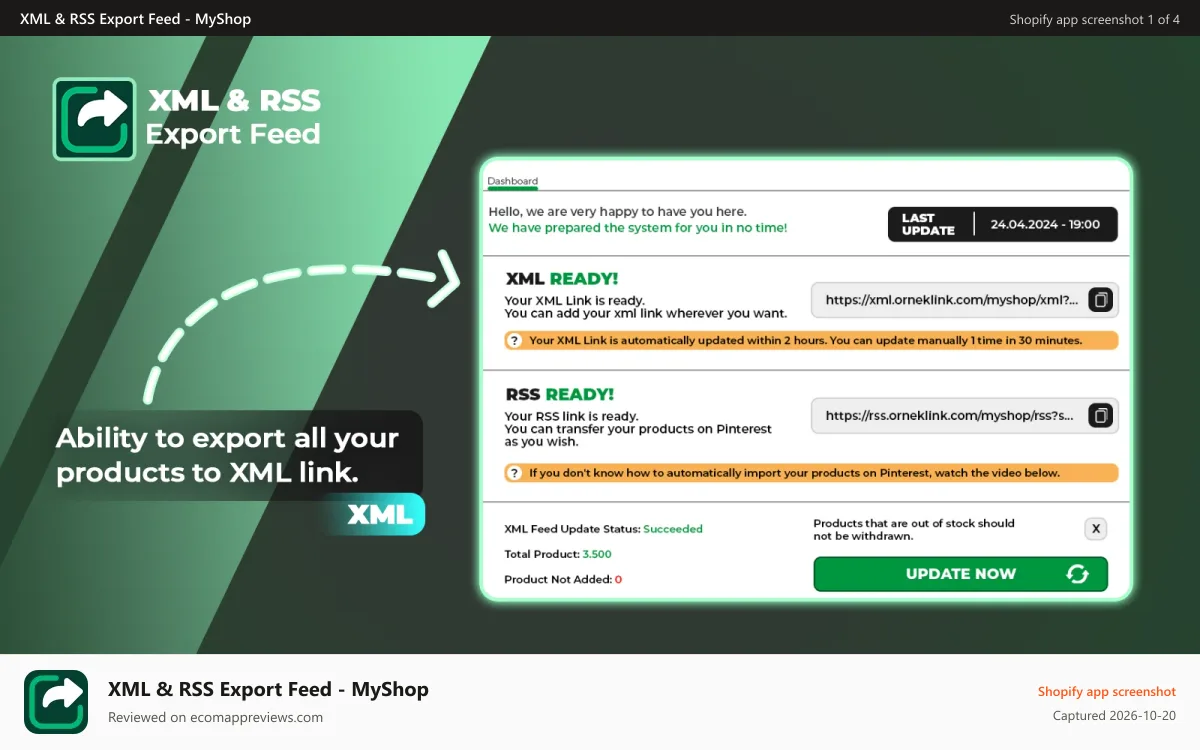 XML & RSS Export Feed ‑ MyShop Shopify app screenshot: Create professional XML product export links for marketplaces.