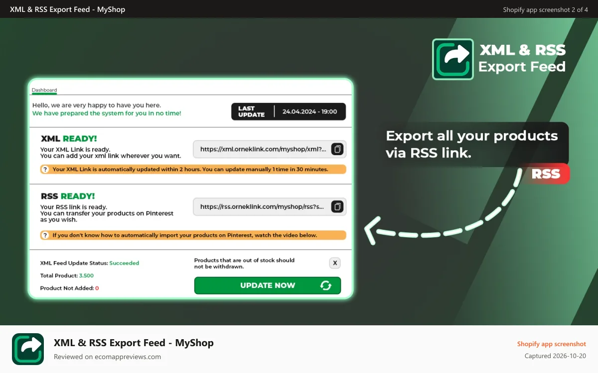 XML & RSS Export Feed ‑ MyShop Shopify app screenshot: Automate Pinterest catalog sync via RSS feed export.