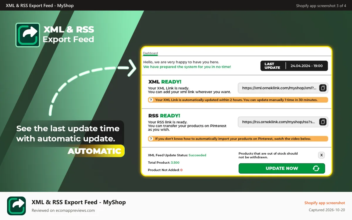 XML & RSS Export Feed ‑ MyShop Shopify app screenshot: Real-time tracking of automatic product feed update status.