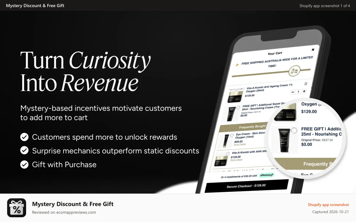 Mystery Discount & Free Gift Shopify app screenshot: Turn Curiosity Into Revenue