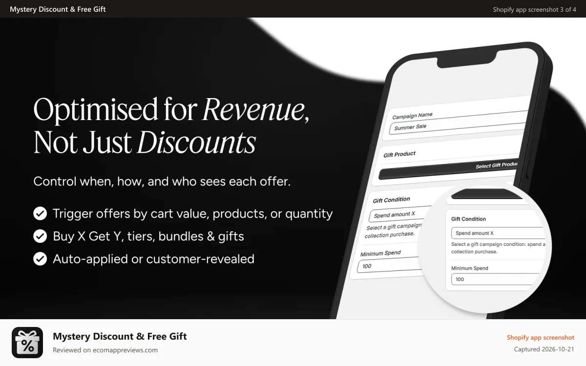 Mystery Discount & Free Gift Shopify app screenshot: Optimized For Revenue, Not Just Discounts