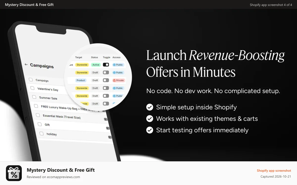 Mystery Discount & Free Gift Shopify app screenshot: Launch Revenue Boosting, Offers In Minutes
