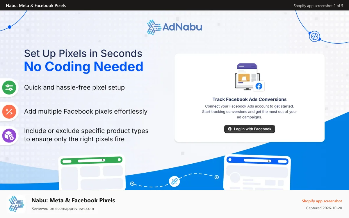 Nabu: Meta & Facebook Pixels Shopify app screenshot: Set Up Pixels in Seconds – No Coding Needed