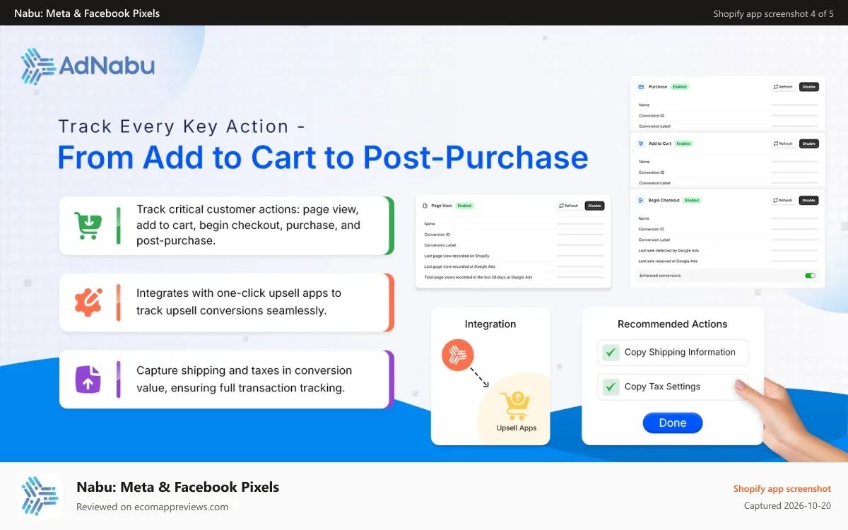 Nabu: Meta & Facebook Pixels Shopify app screenshot: Track Every Event with Ease, Including Upsells