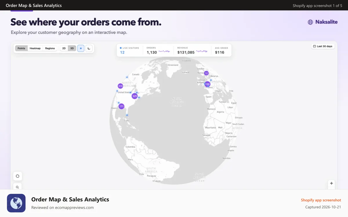 Order Map & Sales Analytics Shopify app screenshot: Interactive order map with customer locations and sales
