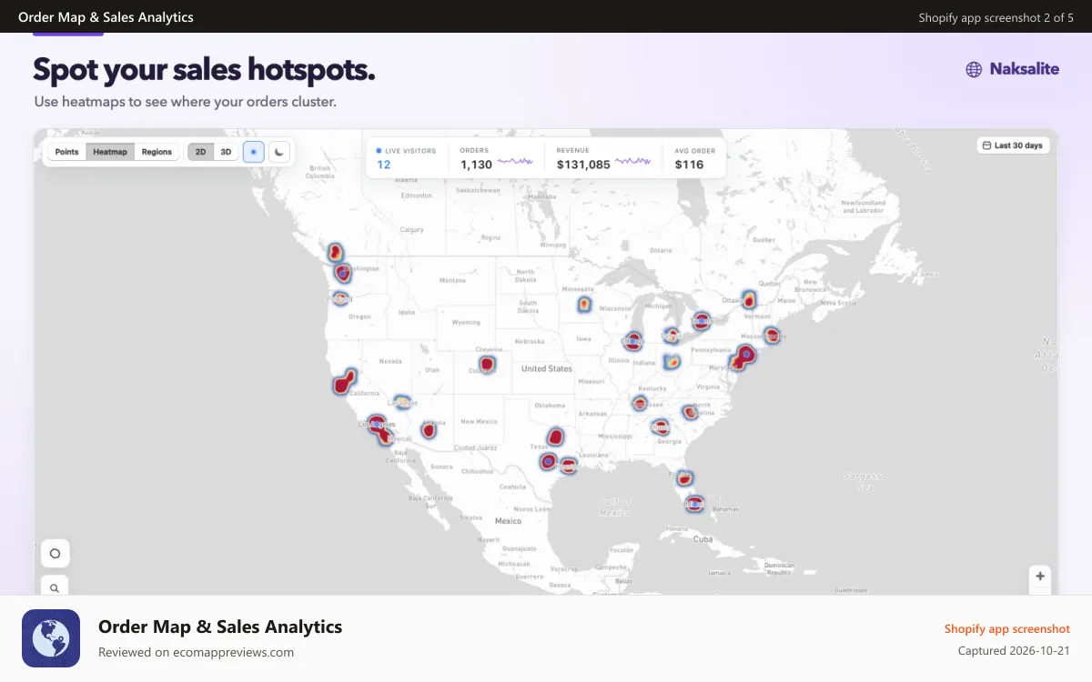 Order Map & Sales Analytics Shopify app screenshot: Sales heatmap highlights areas with concentrated order demand