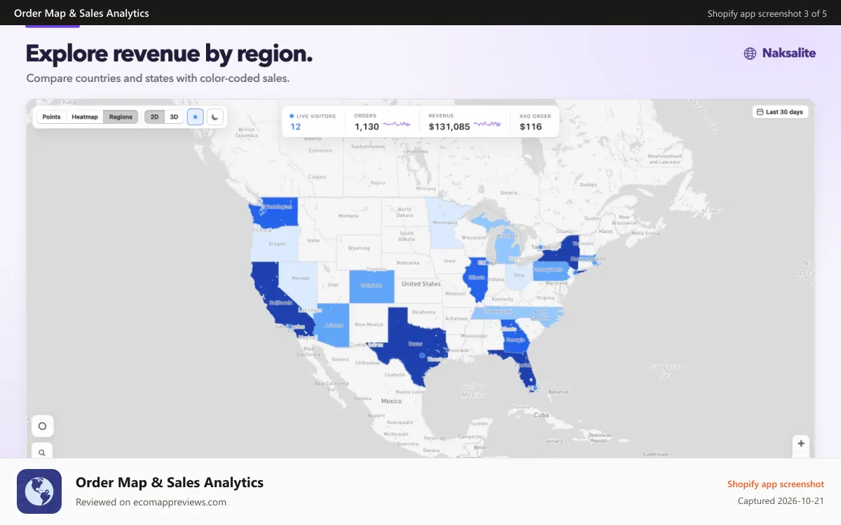 Order Map & Sales Analytics Shopify app screenshot: Color-coded regions show order value across your markets