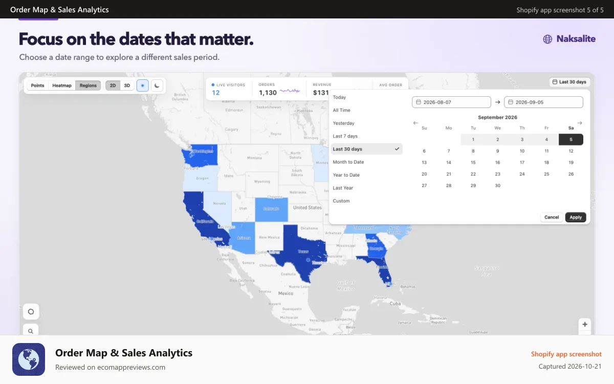 Order Map & Sales Analytics Shopify app screenshot: Date filters show orders for a selected reporting period