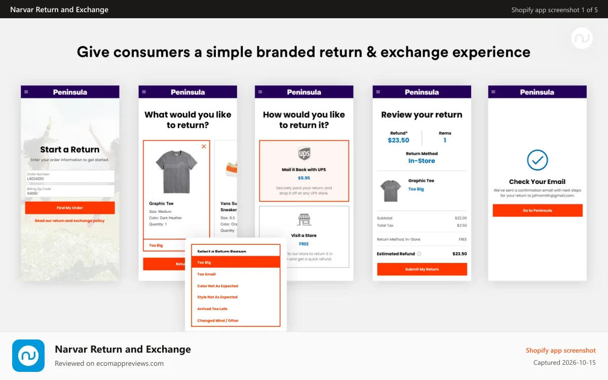 Narvar Return and Exchange Shopify app screenshot: Narvar Return & Exchange Experience