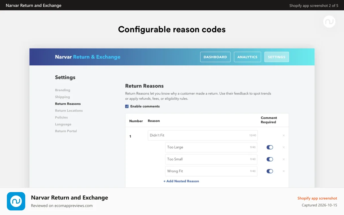 Narvar Return and Exchange Shopify app screenshot: Configurable reason codes