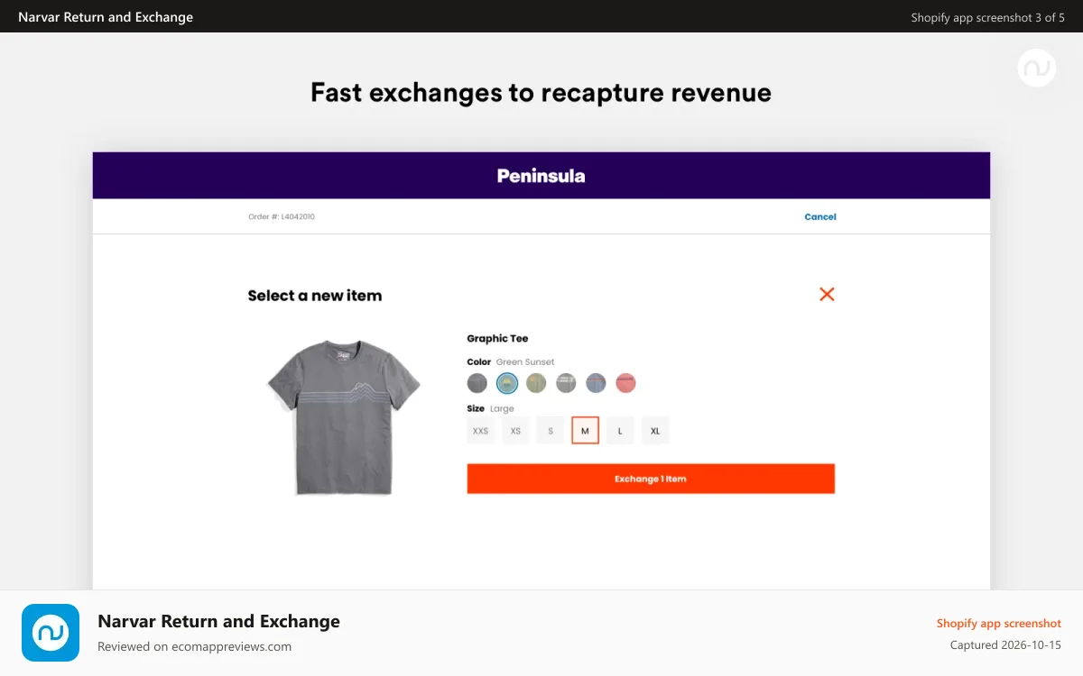 Narvar Return and Exchange Shopify app screenshot: Fast exchanges to recapture revenue