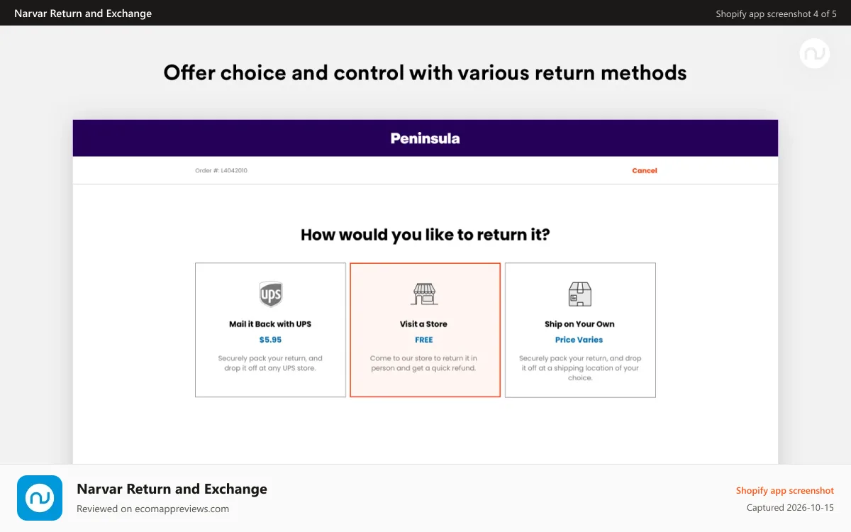 Narvar Return and Exchange Shopify app screenshot: Offer choice and control with various return methods
