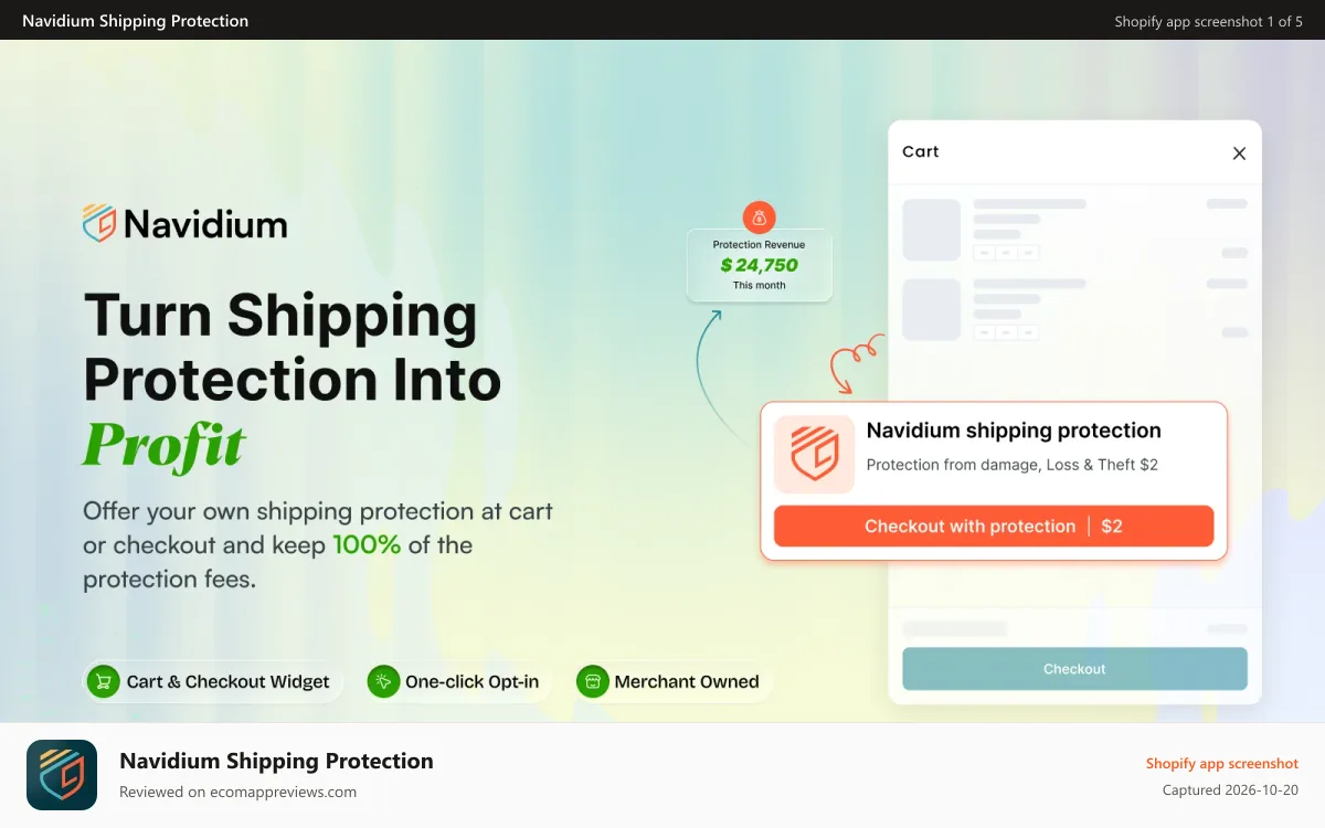 Navidium Shipping Protection Shopify app screenshot: Shipping Protection as shipping insurance fee, 100% profitable