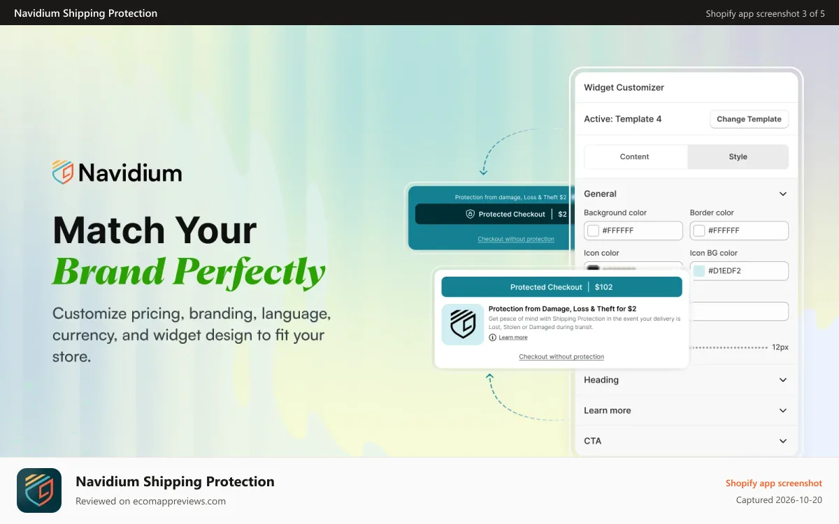 Navidium Shipping Protection Shopify app screenshot: Match your brand identity