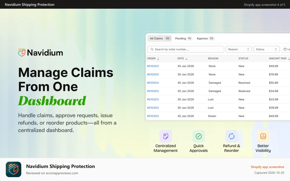 Navidium Shipping Protection Shopify app screenshot: Navidium Claims Management for Shipping Protection