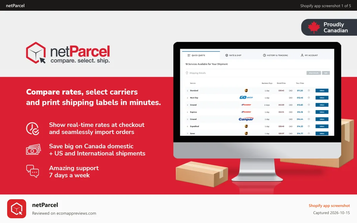 netParcel Shopify app screenshot: netParcel. Compare, Select, Ship.