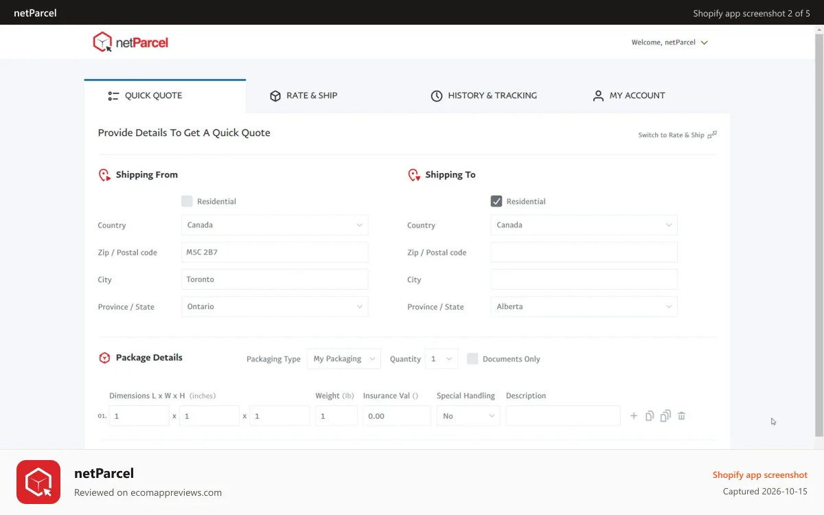 netParcel Shopify app screenshot: Quick Quote
