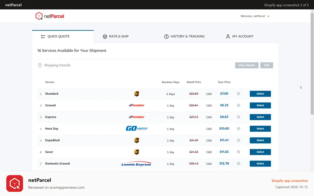 netParcel Shopify app screenshot: Rating Options