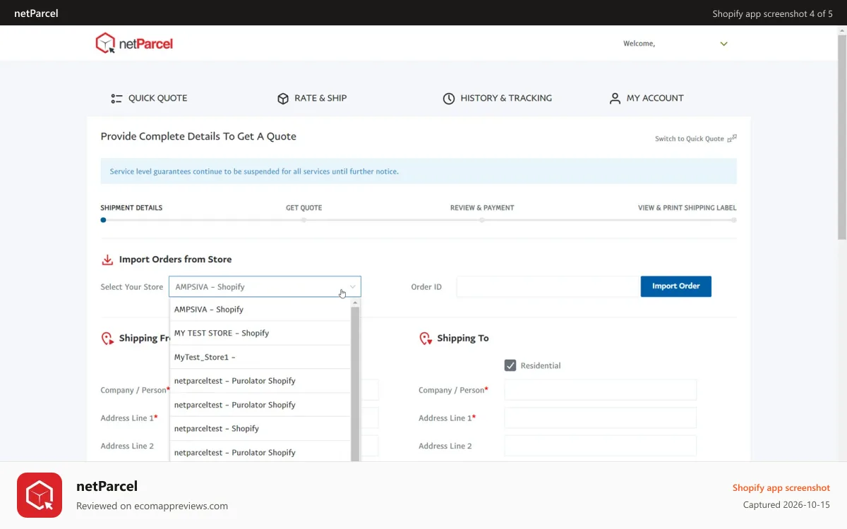 netParcel Shopify app screenshot: Import Order