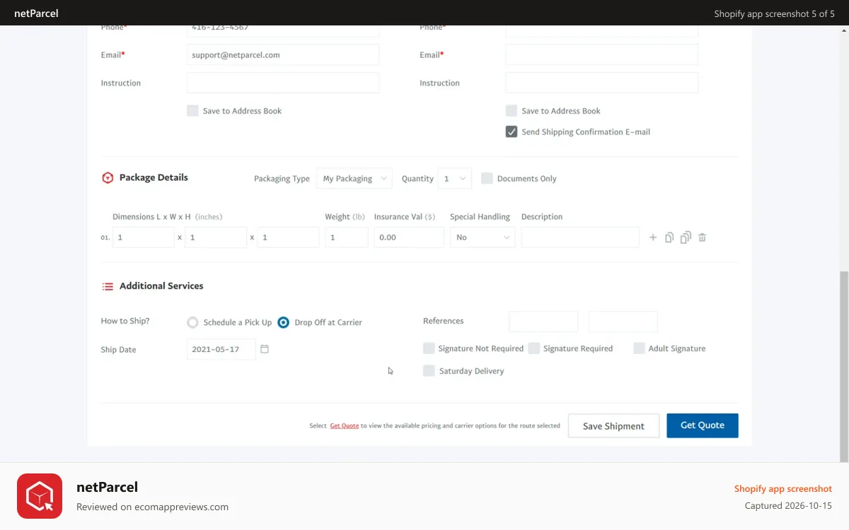 netParcel Shopify app screenshot: Rate & Ship Details