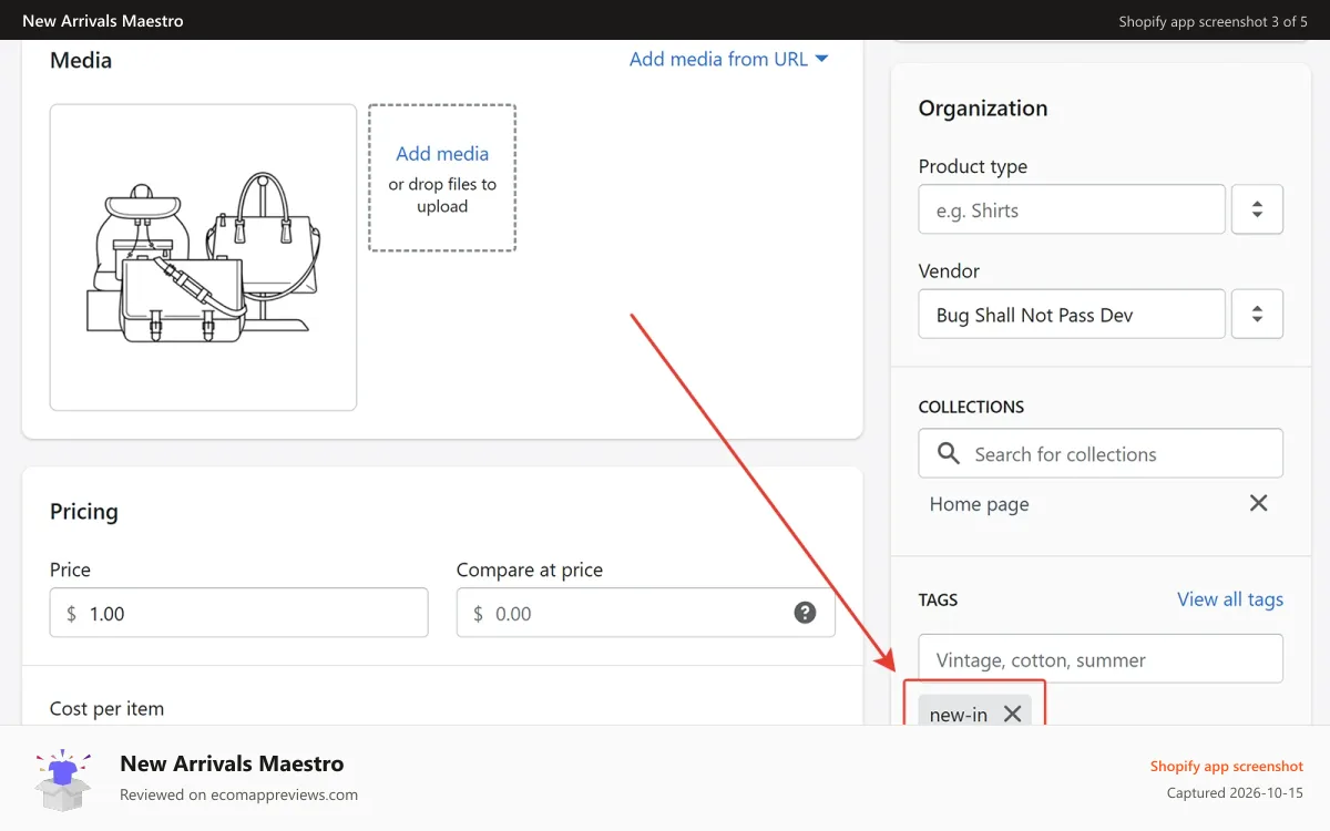 New Arrivals Maestro Shopify app screenshot: Product tagged